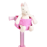 pink gingham pattern skoot skootcase doll carrier front shot with stuffed animal