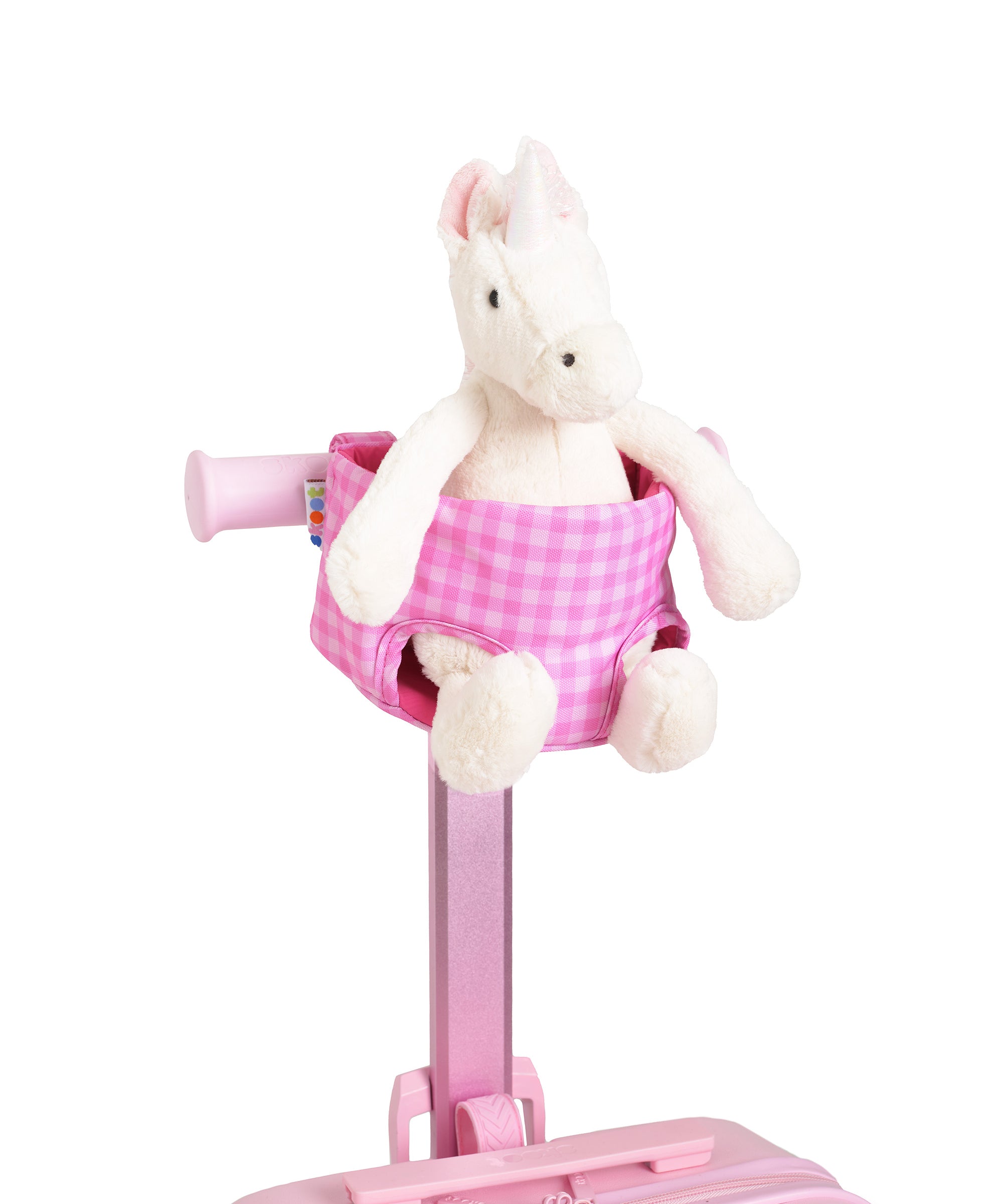 pink gingham pattern skoot skootcase doll carrier front shot with stuffed animal