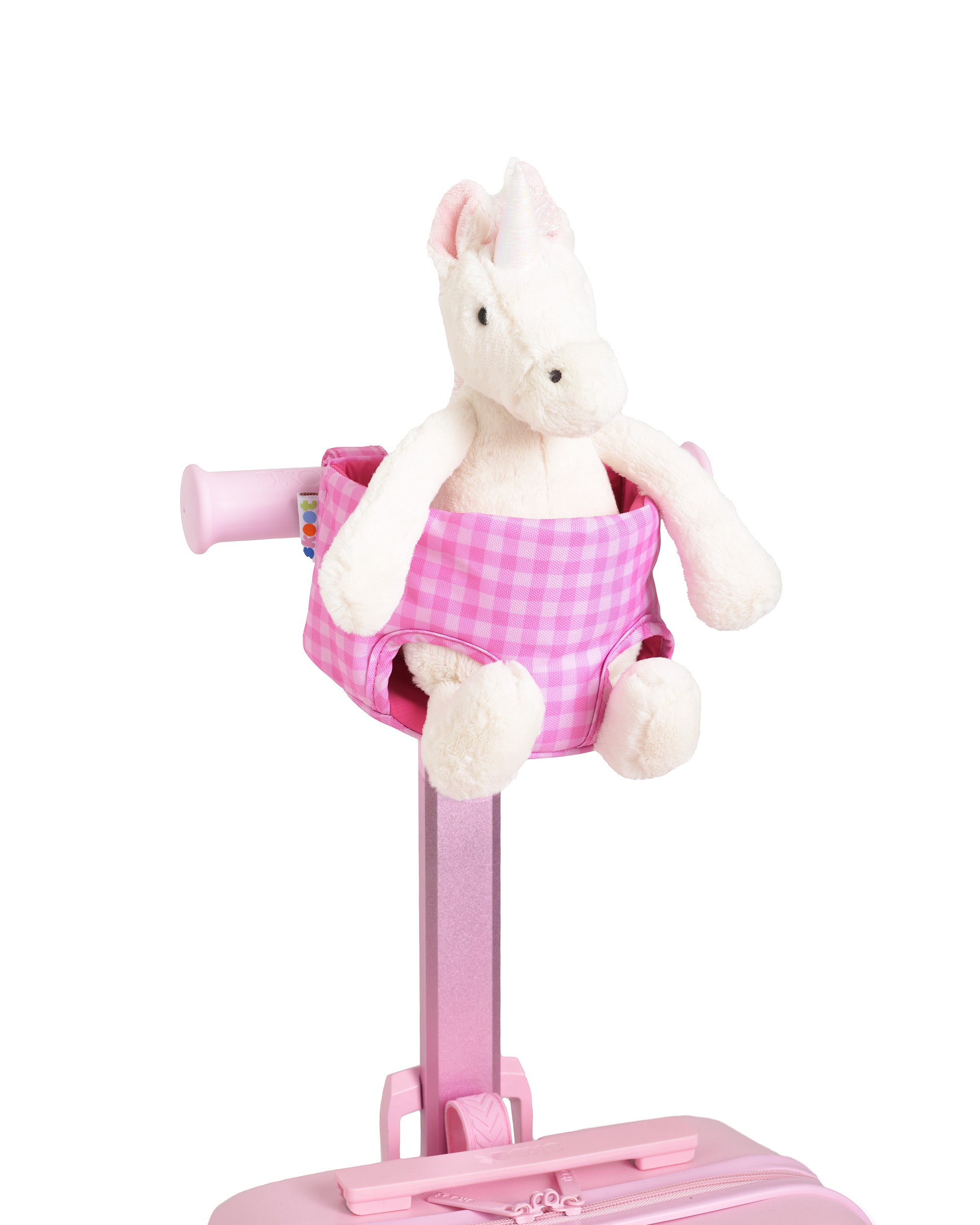pink gingham pattern skoot skootcase doll carrier front shot with stuffed animal