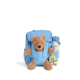 skoot sky blue toddler backpack with teddy bear and water bottle packed