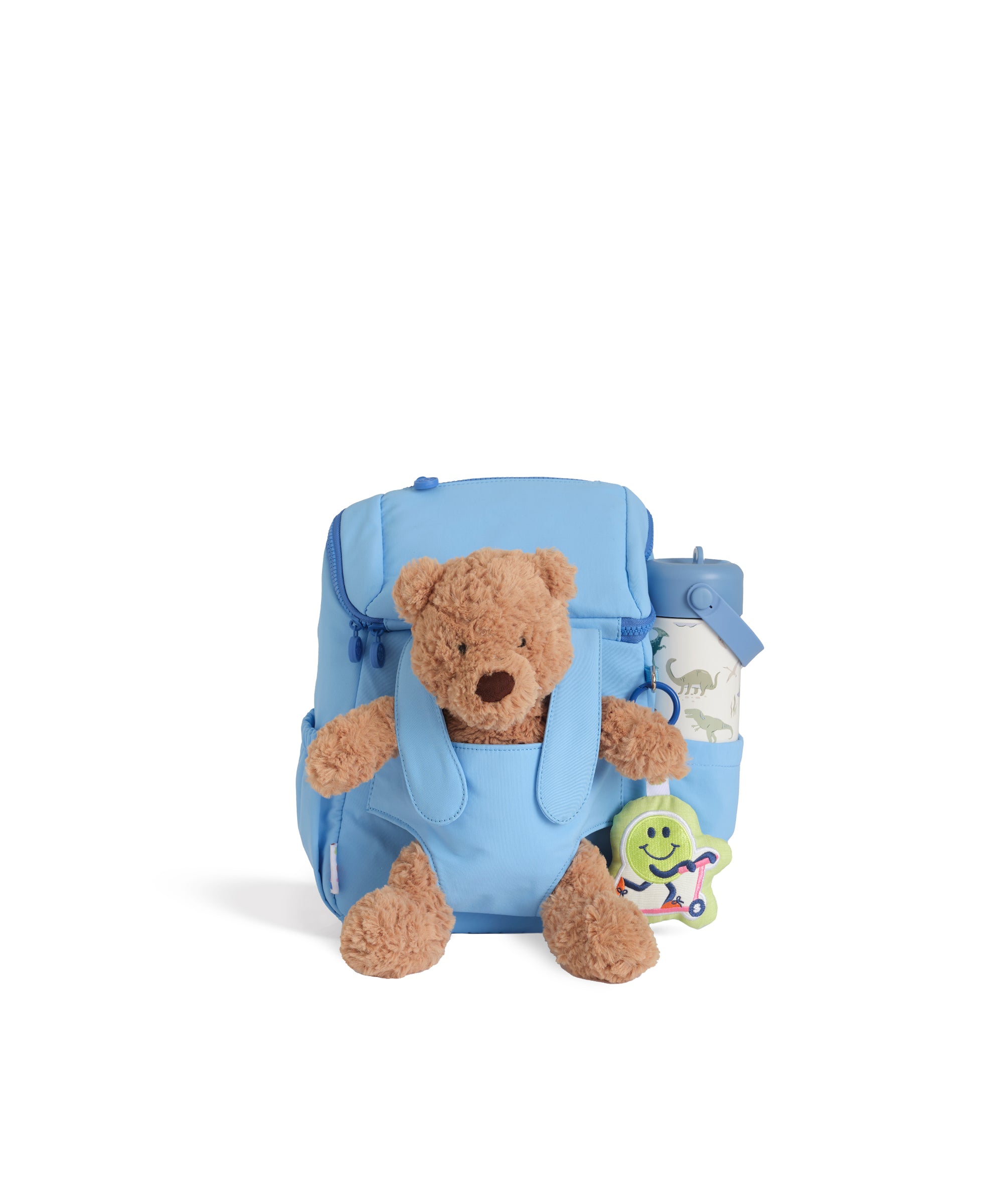 skoot sky blue toddler backpack with teddy bear and water bottle packed