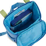 skoot sky Blue bag with green straps on a white background tablet pocket