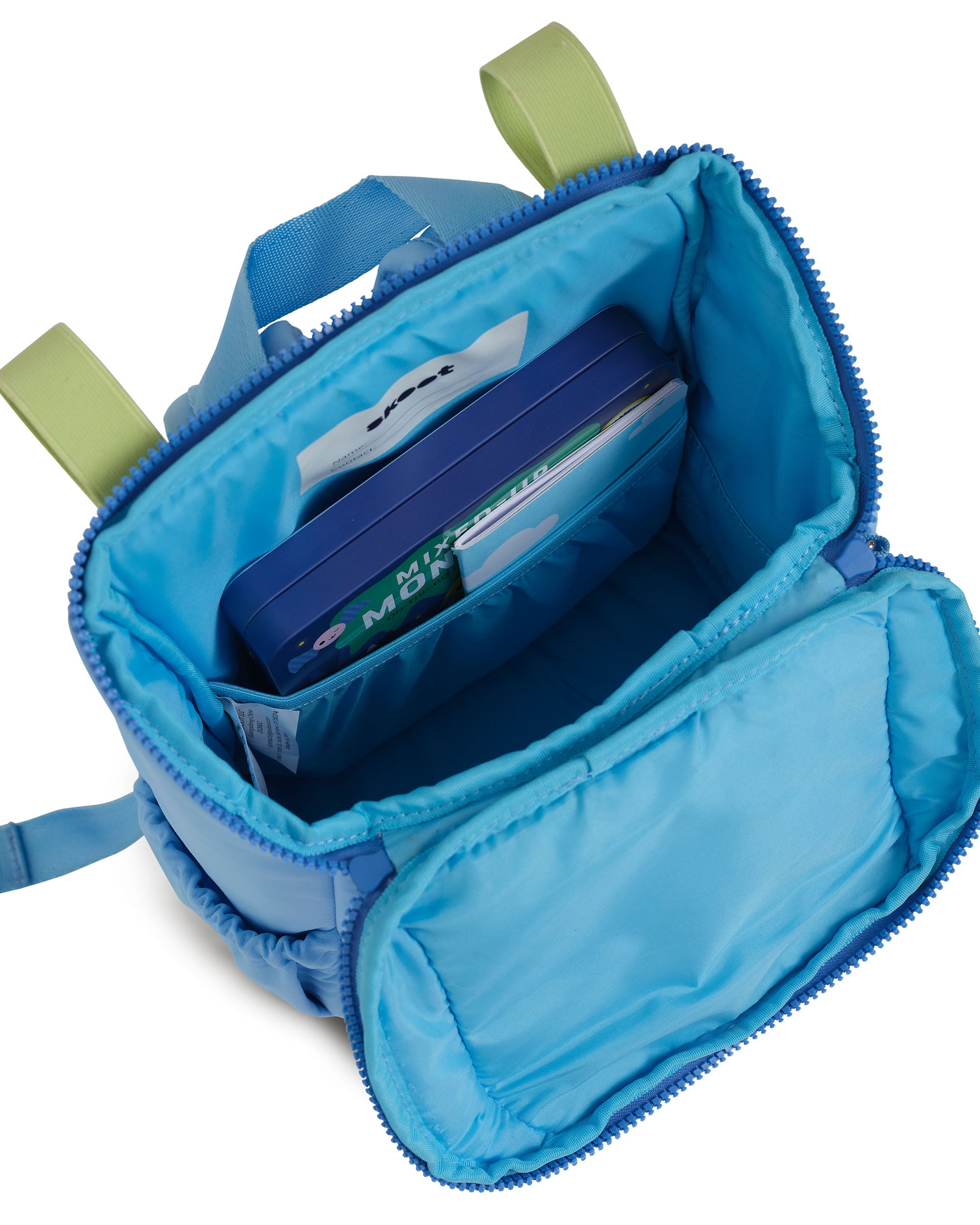 skoot sky Blue bag with green straps on a white background tablet pocket