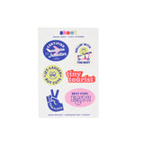Pack of colorful skoot colors travel stickers with various designs on a white background