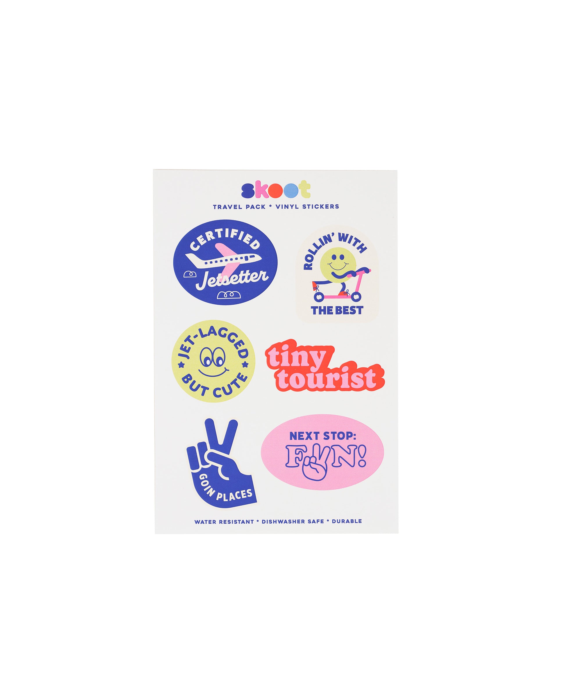 Pack of colorful skoot colors travel stickers with various designs on a white background