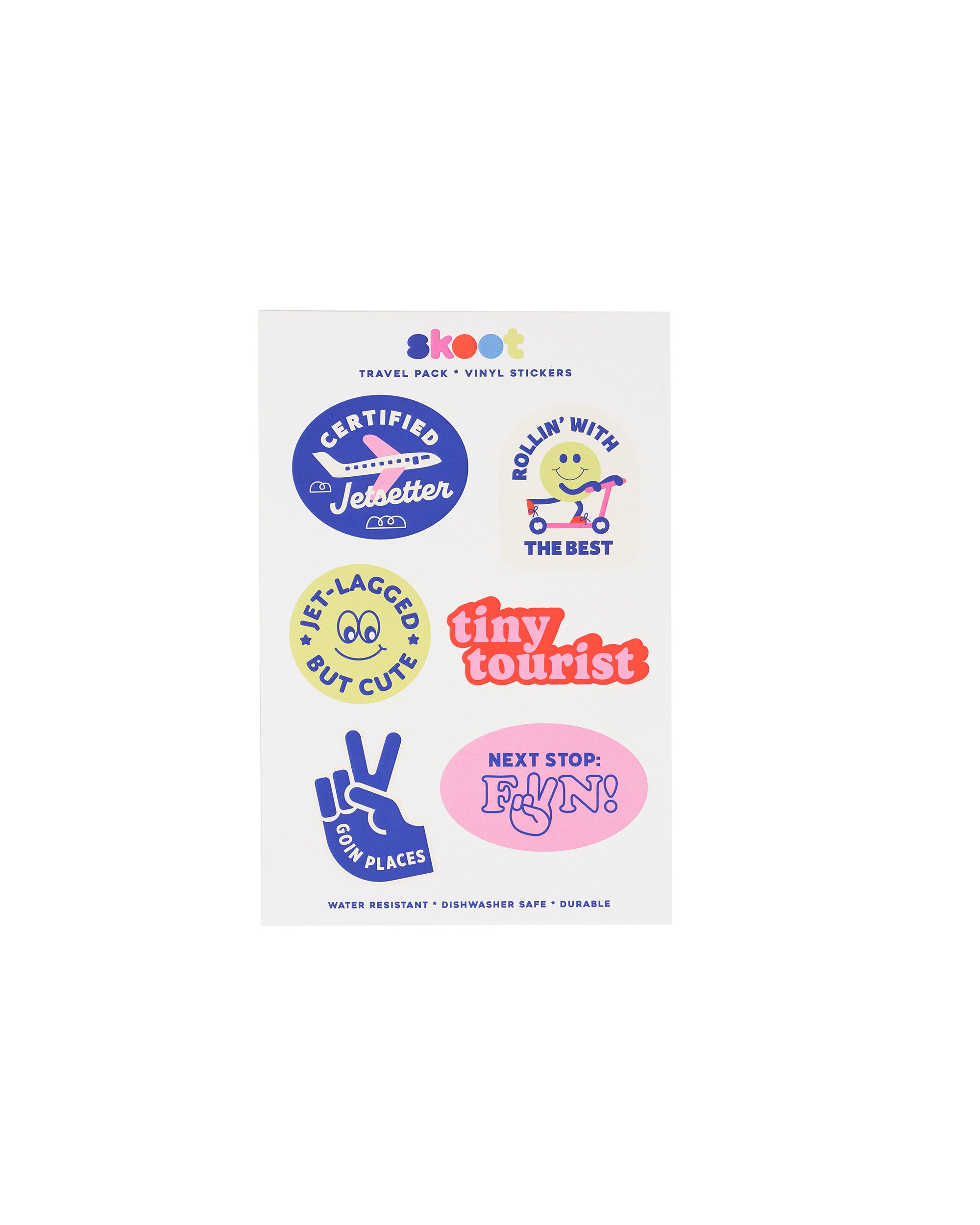 Pack of colorful skoot colors travel stickers with various designs on a white background